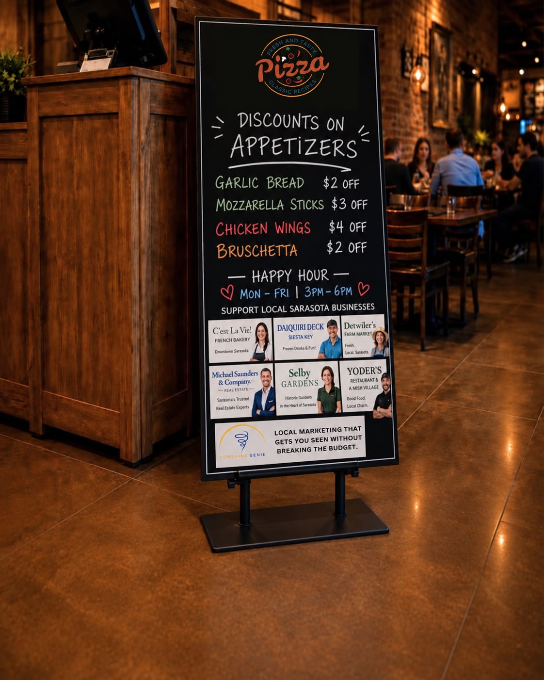 Sunshine Genie specials board inside a busy pizza restaurant